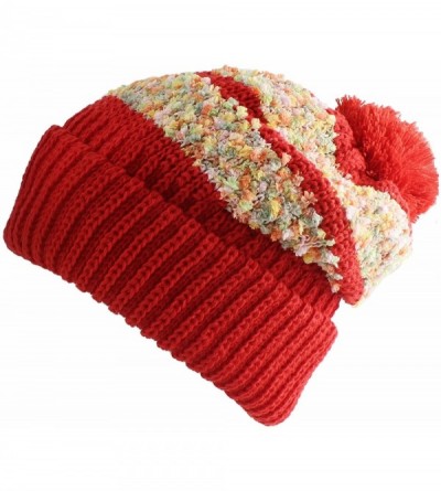 Berets Multi Color Pom Pom Crochet Thick Knit Slouchy Beanie Beret Winter Ski Hat - Chenille Red - C912C3JBBWN $19.91