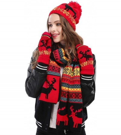Skullies & Beanies Women Scarf & Glove Set- Knitted Snowflake Deer Detail & Matching Cap - Red - CP12629LJR7 $17.96