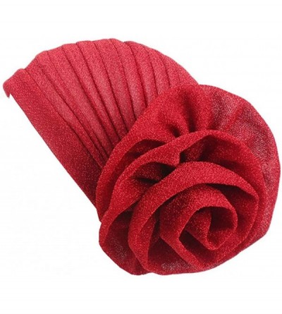Skullies & Beanies Luxury Stretchable Glitter Flower Chemo Beanie Hair Loss Turban - Red - CE18EQL3QHZ $9.65