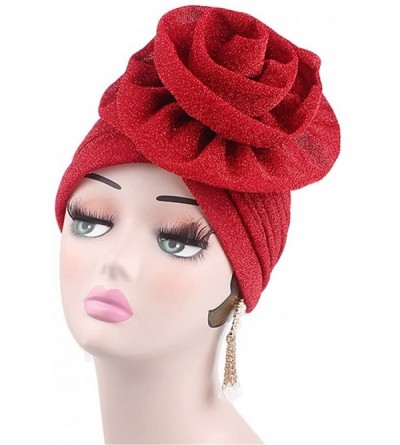Skullies & Beanies Luxury Stretchable Glitter Flower Chemo Beanie Hair Loss Turban - Red - CE18EQL3QHZ $9.65