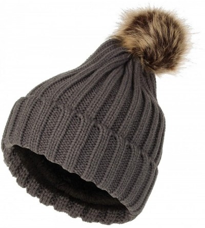 Skullies & Beanies Trendy Ribbed Knitted Fur Pom Pom Beanie Hat Slouchy CR5146 - Charcoal - C818LD0N7DU $16.59