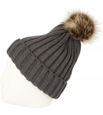 Skullies & Beanies Trendy Ribbed Knitted Fur Pom Pom Beanie Hat Slouchy CR5146 - Charcoal - C818LD0N7DU $26.69