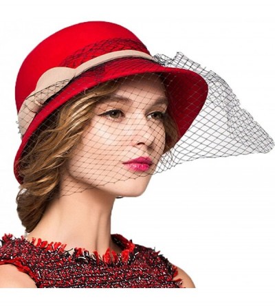 Fedoras Women's Wool Felt Flowers Church Bowler Veil Hats - Red - C1128NIYQW5 $40.09
