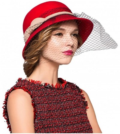 Fedoras Women's Wool Felt Flowers Church Bowler Veil Hats - Red - C1128NIYQW5 $26.04
