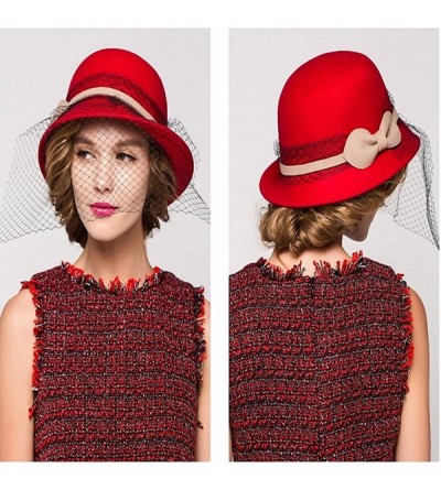 Fedoras Women's Wool Felt Flowers Church Bowler Veil Hats - Red - C1128NIYQW5 $26.04