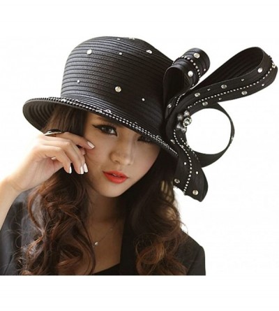 Bucket Hats Women Church Hats Formal Wedding Party Big Bow Elegant Two Colors Stones - Black Color - CL18DUIERQX $54.87