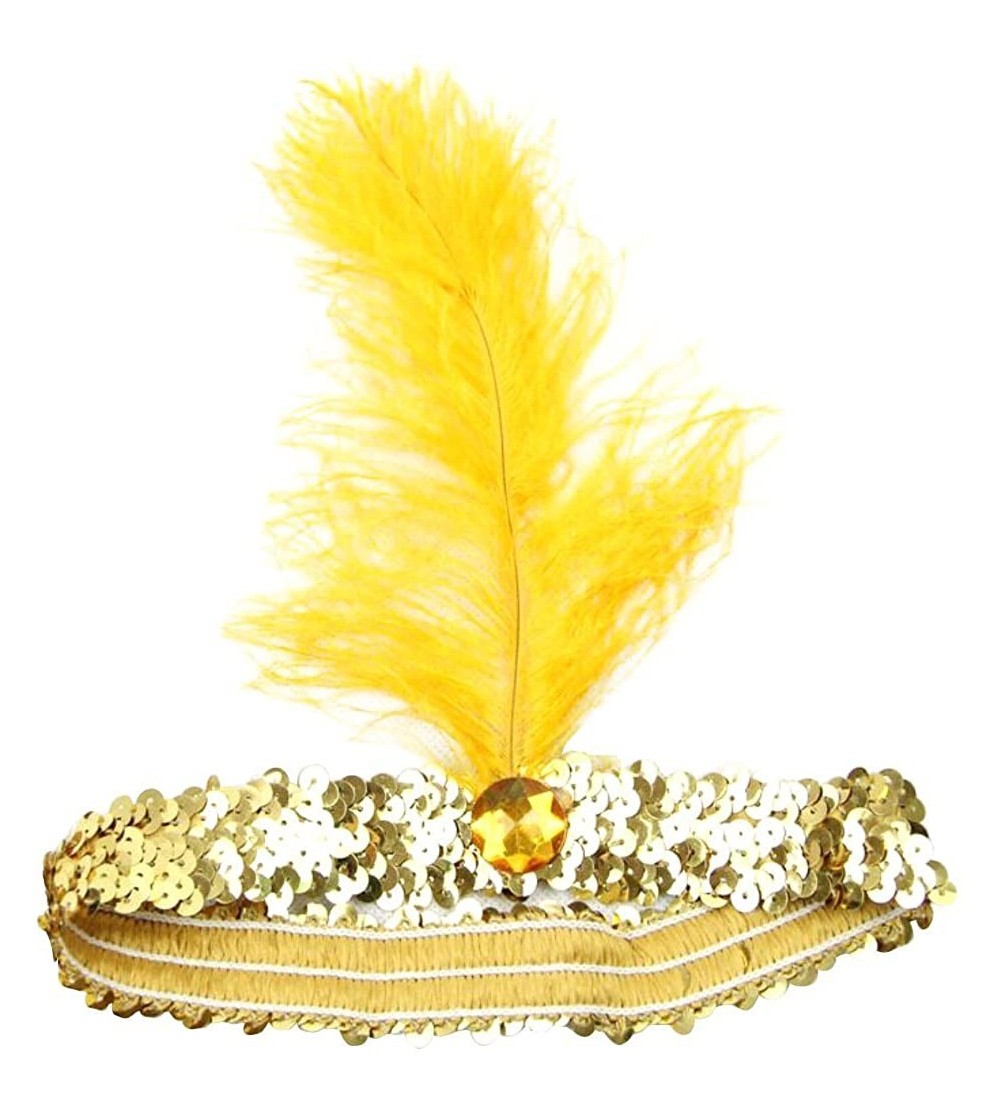 Headbands 20's Sequined Showgirl Flapper Headband with Feather Plume - Yellow - CP12MAH10UO $10.11