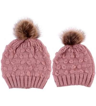 Skullies & Beanies Women Beanie Hat Family Matching Mom and Baby Knit Cap Pom Pom Beanie Warm Hat Thick Winter Hat - Mom-pink...