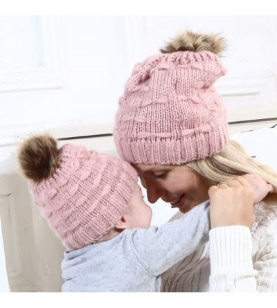 Skullies & Beanies Women Beanie Hat Family Matching Mom and Baby Knit Cap Pom Pom Beanie Warm Hat Thick Winter Hat - Mom-pink...