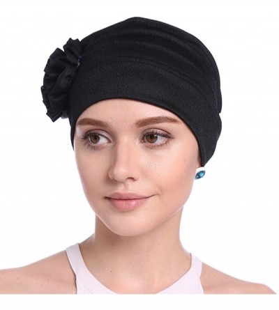Skullies & Beanies Women Chemo Cap Turban Headwear Sleep Hat with Elegant Side Flower Pleated Skull Caps - Black - CC183WMQXS...
