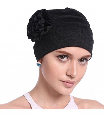 Skullies & Beanies Women Chemo Cap Turban Headwear Sleep Hat with Elegant Side Flower Pleated Skull Caps - Black - CC183WMQXS...