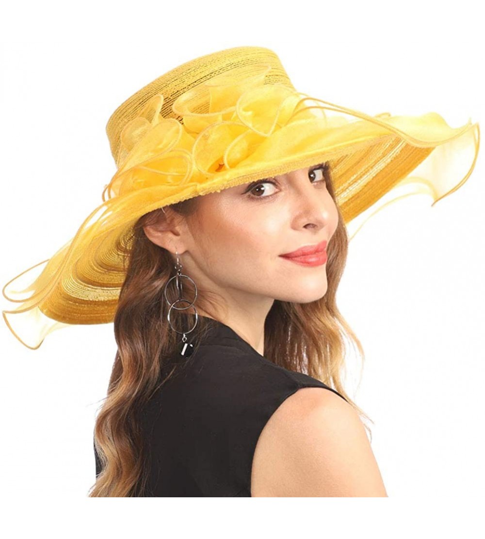 Sun Hats Women Organza Kentucky Derby Church Dress Cloche Hat Fascinator Floral Tea Party Wedding Bucket Hat S053 - Yellow - ...
