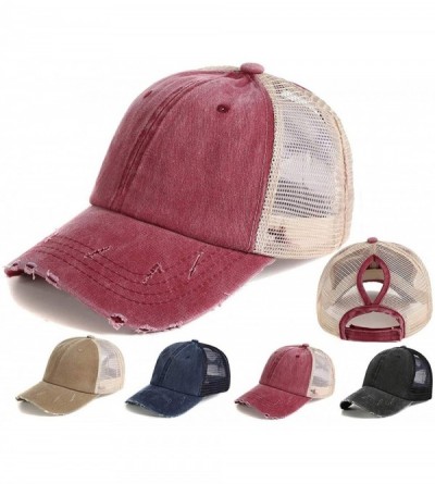Baseball Caps Ponytail Baseball Cap Retro- Messy Visor Dad Hat Ponycaps Adjustable Cotton and Twill Mesh Trucker Caps - Red -...