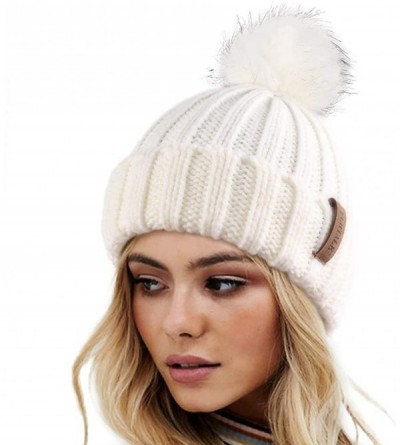 Skullies & Beanies Womens Winter Knitted Beanie Hat with Faux Fur Pom Warm Knit Skull Cap Beanie for Women - 06-white - C818N...