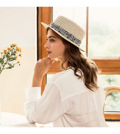 Fedoras Women Straw Sun Panama Top Hat Summer Beach Cap with Black and White Ribbon Band - Brown - CL18NZZDZ77 $18.53