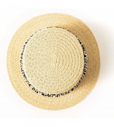 Fedoras Women Straw Sun Panama Top Hat Summer Beach Cap with Black and White Ribbon Band - Brown - CL18NZZDZ77 $18.53
