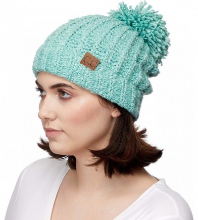 Skullies & Beanies Winter Hat Cable Knitted Large Soft Pom Pom Beanie Hat (HAT-7362) - Mint - CH189LNZ4WS $13.61