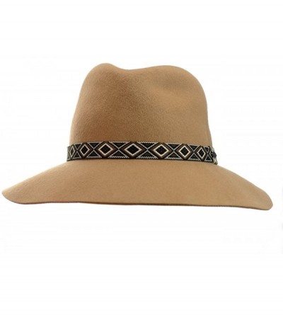 Bucket Hats Exclusive Women's Tribal Band Accent Wool Flop Brim Fedora Hat - Camel - CX1274IM0ZZ $14.12