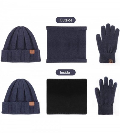 Skullies & Beanies Winter Thick Beanie Hat Scarf Touch Screen Gloves Set Fit for Men Women - B - Navy Blue - CB192K7NKLE $11.32
