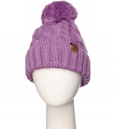 Skullies & Beanies Women Chunky Soft Strech Cable Knit Pom Pom Beanie Sherpa Fleece Lined - Lavender - CR18KL8UOWR $10.27