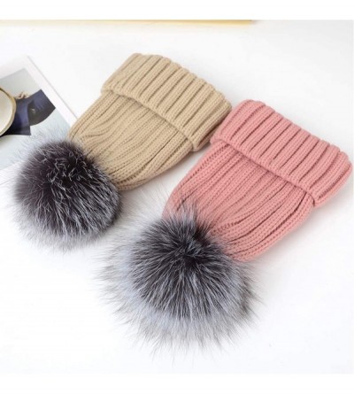 Skullies & Beanies Winter Knit Hat Kids Real Fur Pom Pom Warm Beanie Hat - Purple(real Silver Fox Fur) - CF18AQ5C8UR $44.51