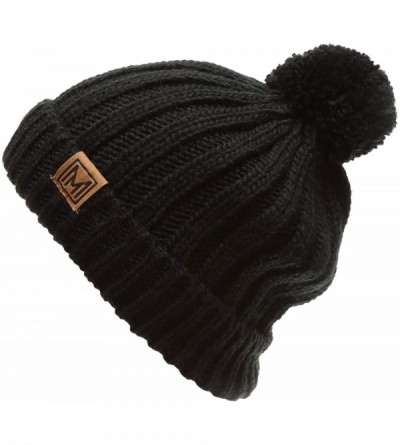 Skullies & Beanies Women's Oversized Chunky Soft Warm Rib Knit Pom Pom Beanie Hat with Sherpa Lined - Black - CA18IGTLTLH $22.40