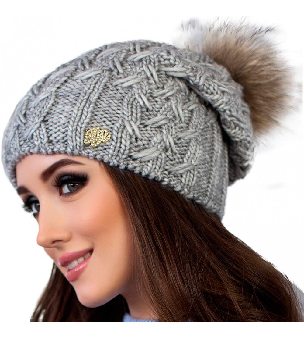 Skullies & Beanies Knit Hat for Women - Fleece Fur Pom Beanie - Winter Merino Wool Ski Cap - Lifgt Grey - C7188QZYLQ4 $17.87