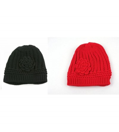 Skullies & Beanies Winter Knit Flower Beanie Hat 333HB - 2 Pcs Black & Red - CF122Q1NHW5 $12.11
