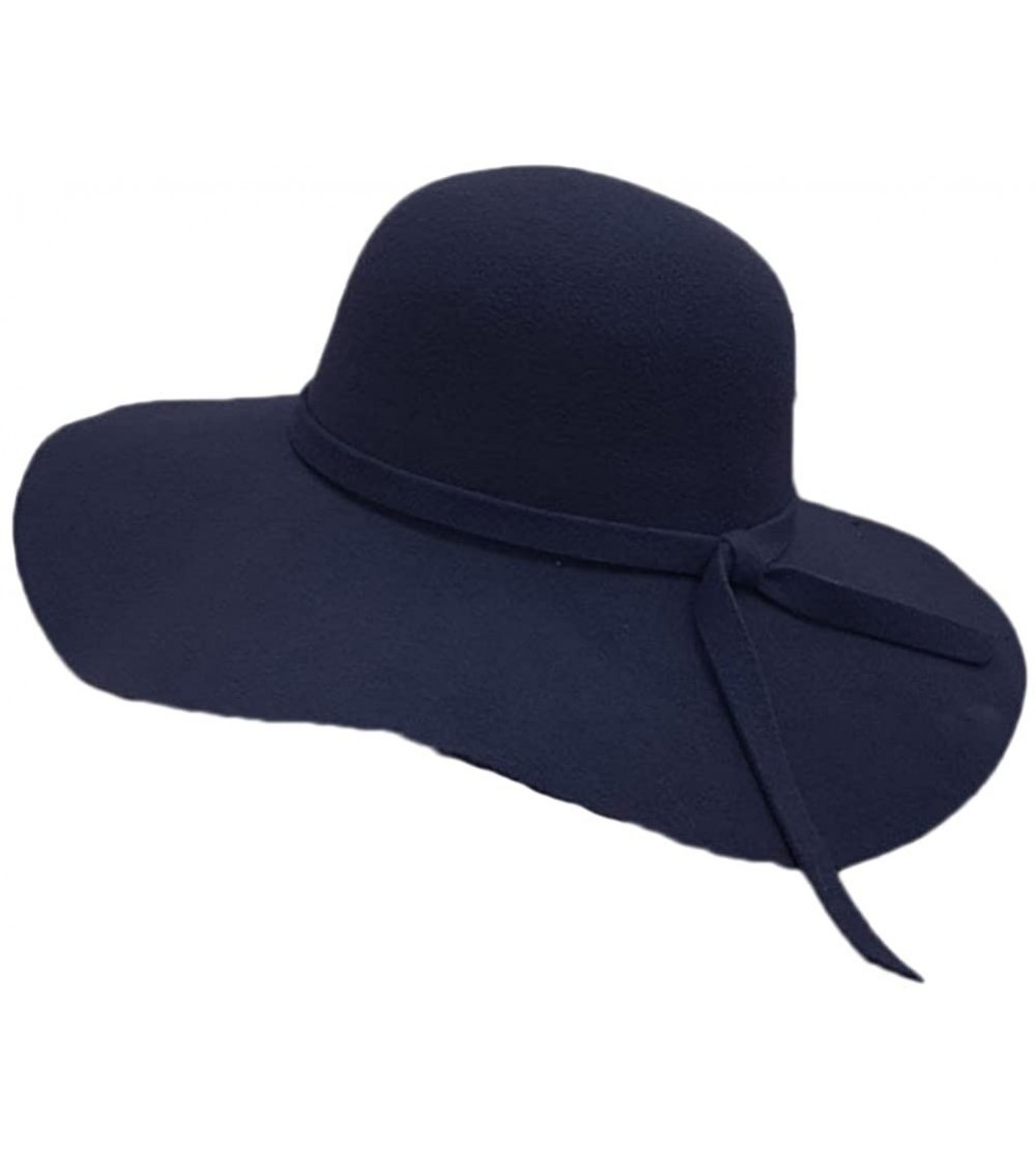 Fedoras Women's Classic Solid Color Wool Blend Wide Brim Floppy Beret Fedora Hat - Navy - C2187MTGS3O $15.89