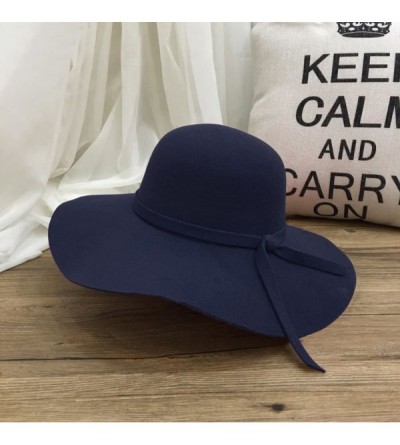 Fedoras Women's Classic Solid Color Wool Blend Wide Brim Floppy Beret Fedora Hat - Navy - C2187MTGS3O $15.89