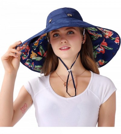 Bucket Hats Packable Extra Large Brim Floppy Sun Hat Reversible UPF 50+ Beach Sun Bucket Hat - Deep Blue-flower - C512IBB4M5Z...