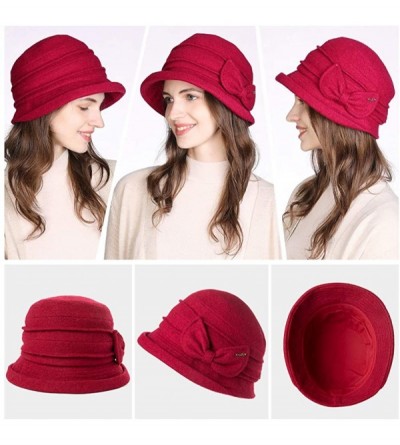 Bucket Hats Womens Wool Blend Winter Bucket 1920s Vintage Derby Hat Fedora Round Fall Bowler 55-59cm - 00769-burgundy - CX18Z...