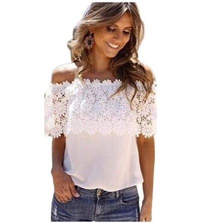 Headbands Women's Tops- Fold Lace Roysberry Off Shoulder Short Sleeve Blouses and Tops - White - CX18H0CTOHQ $12.71