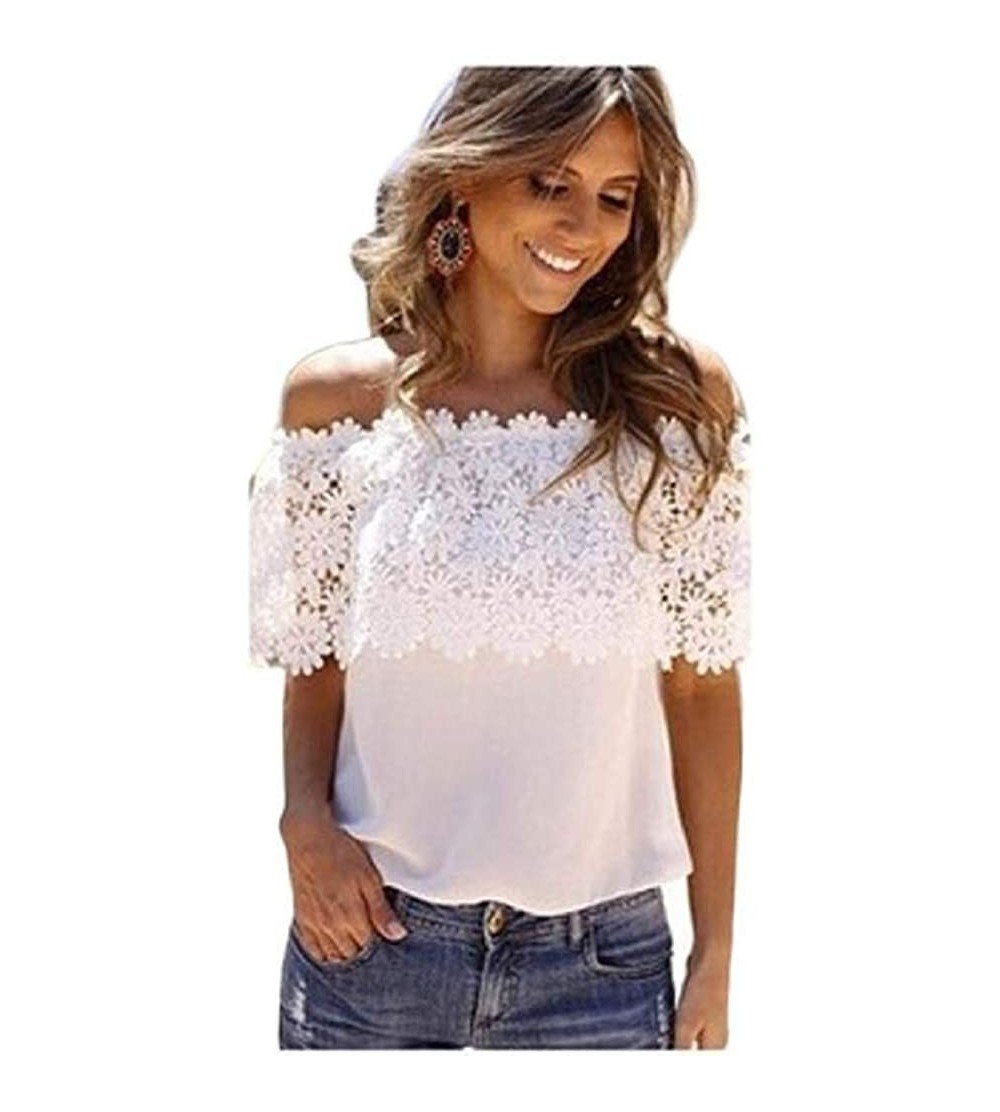 Headbands Women's Tops- Fold Lace Roysberry Off Shoulder Short Sleeve Blouses and Tops - White - CX18H0CTOHQ $12.71