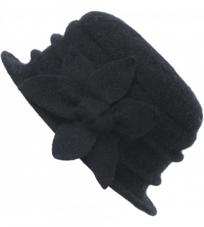 Bucket Hats Womens Winter Warm Wool Cloche Bucket Hat Slouch Wrinkled Beanie Cap with Flower - Flower-black - C2183LS9M6U $24.32