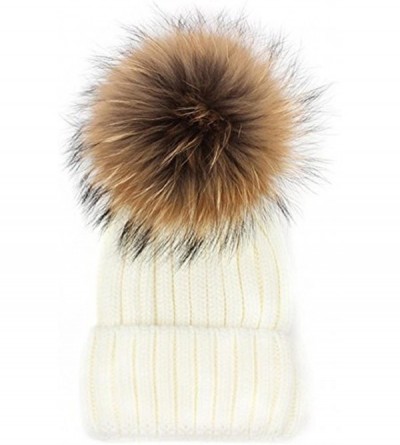 Skullies & Beanies Womens Girls Winter Premium Large Raccoon Fur Pom Pom Cap Knit Beanie Hat - White - C6183KWR38W $12.58