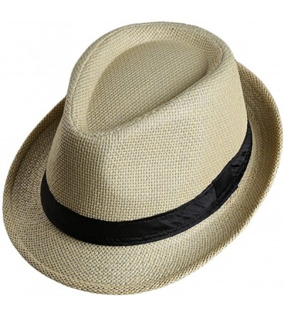 Fedoras Men Women Straw Trilby Hat Fedora Short Upturn Brim FFH391BE1 - Ffh391 Beige 1 (Stripe Decoration) - C5187HO8IRI $27.47