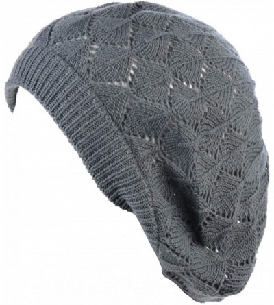 Berets Chic Soft Knit Airy Cutout Lightweight Slouchy Crochet Beret Beanie Hat - Charcoal Gray Leafy - CX18L3S7USY $10.87