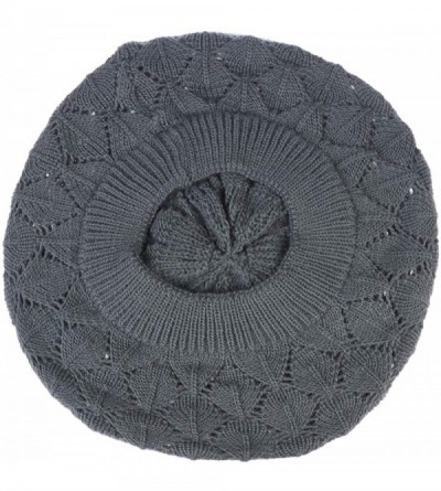 Berets Chic Soft Knit Airy Cutout Lightweight Slouchy Crochet Beret Beanie Hat - Charcoal Gray Leafy - CX18L3S7USY $10.87