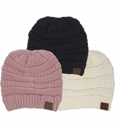 Skullies & Beanies Solid Beanie 3-Pack - Black- Ivory- Indi Pink - CM18ZWHNG9W $21.64