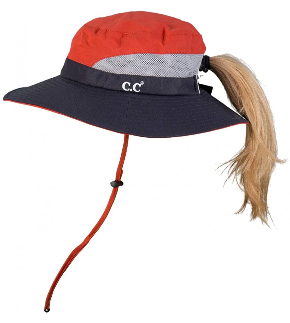 Sun Hats Ponytail Bucket Hat UPF 50+ Messy Bun Sun Hat Wide Brim Mesh Cap - Navy/Orange - CC18RM0AHIZ $16.50