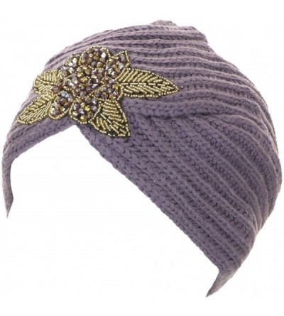 Skullies & Beanies Women's Knit Crystal Bead Decorated Ribbed Turban - Mauve - CW11QP90TJJ $29.78