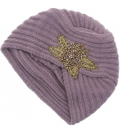 Skullies & Beanies Women's Knit Crystal Bead Decorated Ribbed Turban - Mauve - CW11QP90TJJ $12.76