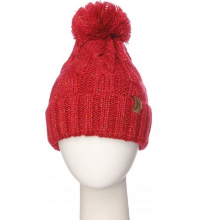 Skullies & Beanies Women Chunky Soft Strech Cable Knit Pom Pom Beanie Sherpa Fleece Lined - Red Mix Confetti - CS18KILO67S $9.38
