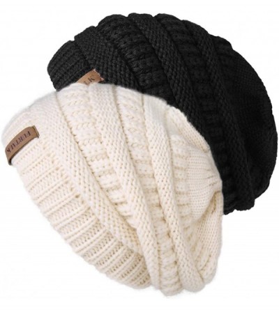 Skullies & Beanies Winter Beanie for Women - 2 Packs Fleece Lined Warm Knit Skull Slouch Beanie Hat - Black & Beige - C718UUW...
