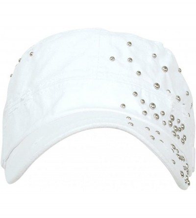 Baseball Caps Distressed Military Silver Round Studs Cadet Cap Flex-fit Army Style Hat - White - CG11ENSDJM3 $25.61