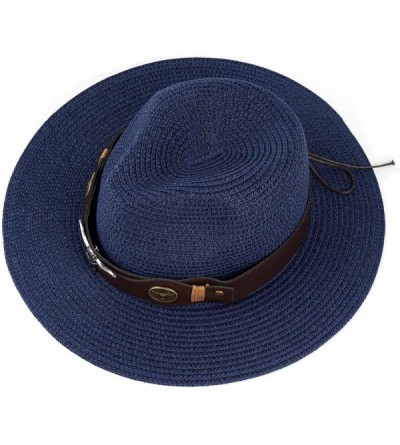 Fedoras Summer Fedora Straw Panama Hat Roll up Straw Beach Sun Hat Sun Protection UPF50+ - B-blue - CP18UMH386W $14.83