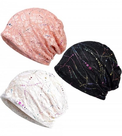 Skullies & Beanies Women's Baggy Slouchy Beanie Chemo Cap for Cancer Patients - 3 Pack Lace Pink & White & Black - CI18SQ90WA...