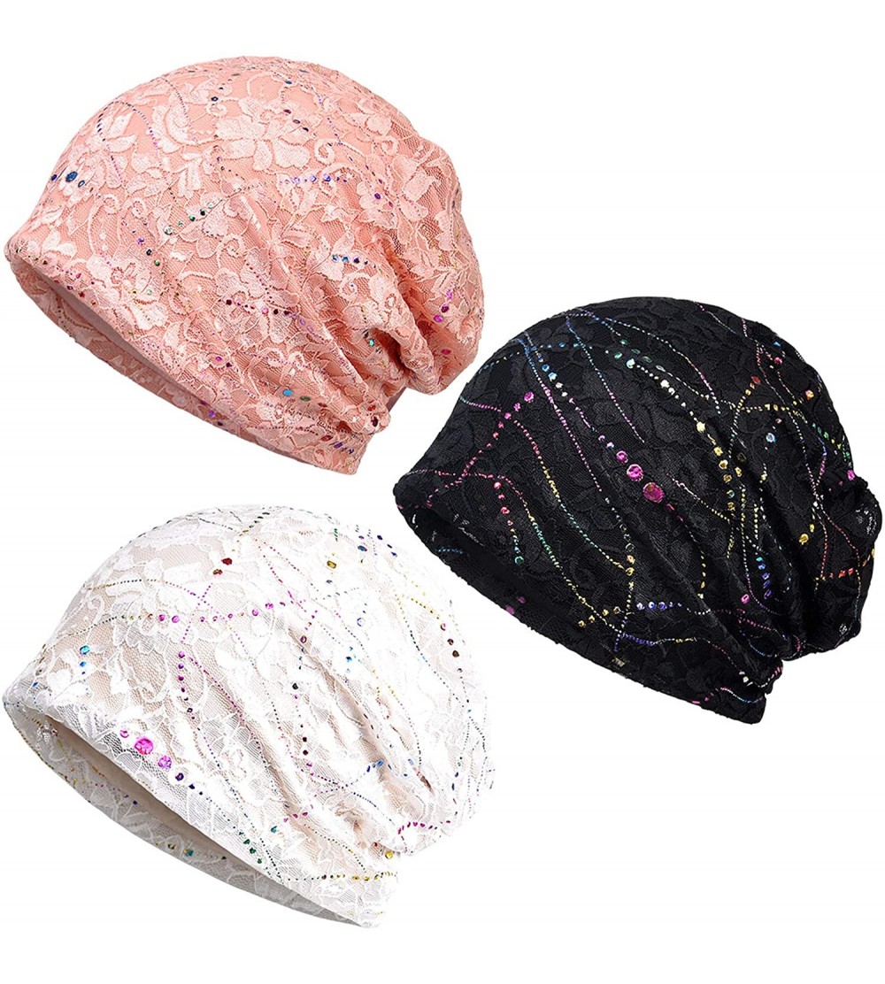 Skullies & Beanies Women's Baggy Slouchy Beanie Chemo Cap for Cancer Patients - 3 Pack Lace Pink & White & Black - CI18SQ90WA...