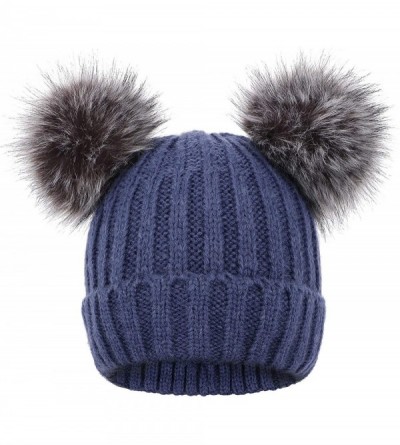 Skullies & Beanies Cable Knit Beanie with Faux Fur Pompom Ears - Navy Hat Black Grey Ball Black Lining - CV17AA576XO $29.16